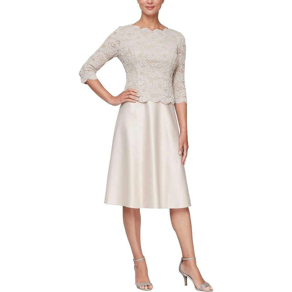 Alex Evenings Dress Tea Length Embroidered Bodice Mock Taupe sz 12P  NWT